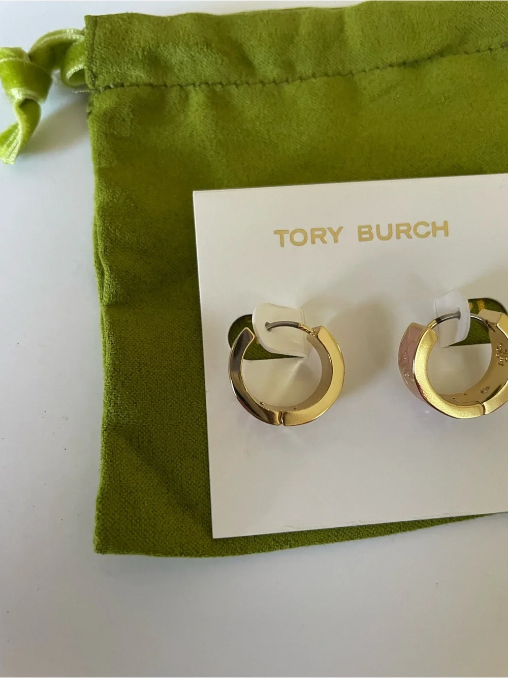 Tory Burch Gold-Tone Huggie Earrings with Pink Enamel Logo